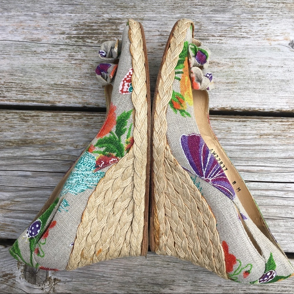 Stuart Weitzman Peep Toe Canvas Espadrille Wedge 8 - image 8